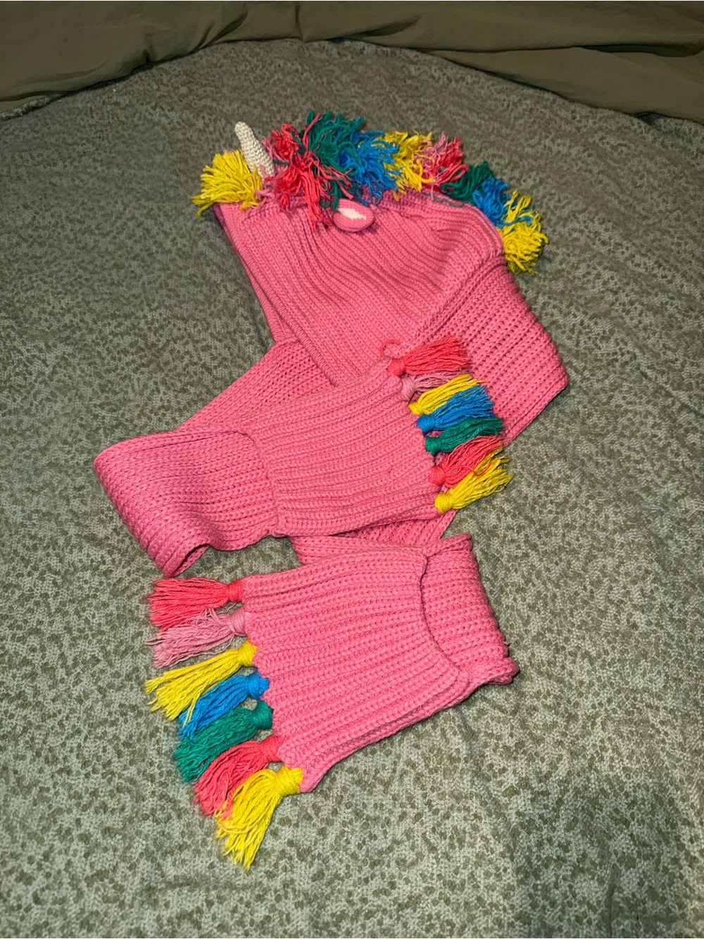 Mini Boden Pink Unicorn Knit Hat with Rainbow Fringe
